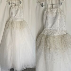 Oleg Cassini Women's 8 Dress White Satin Wedding Beaded Bodice & Tulle Skirt